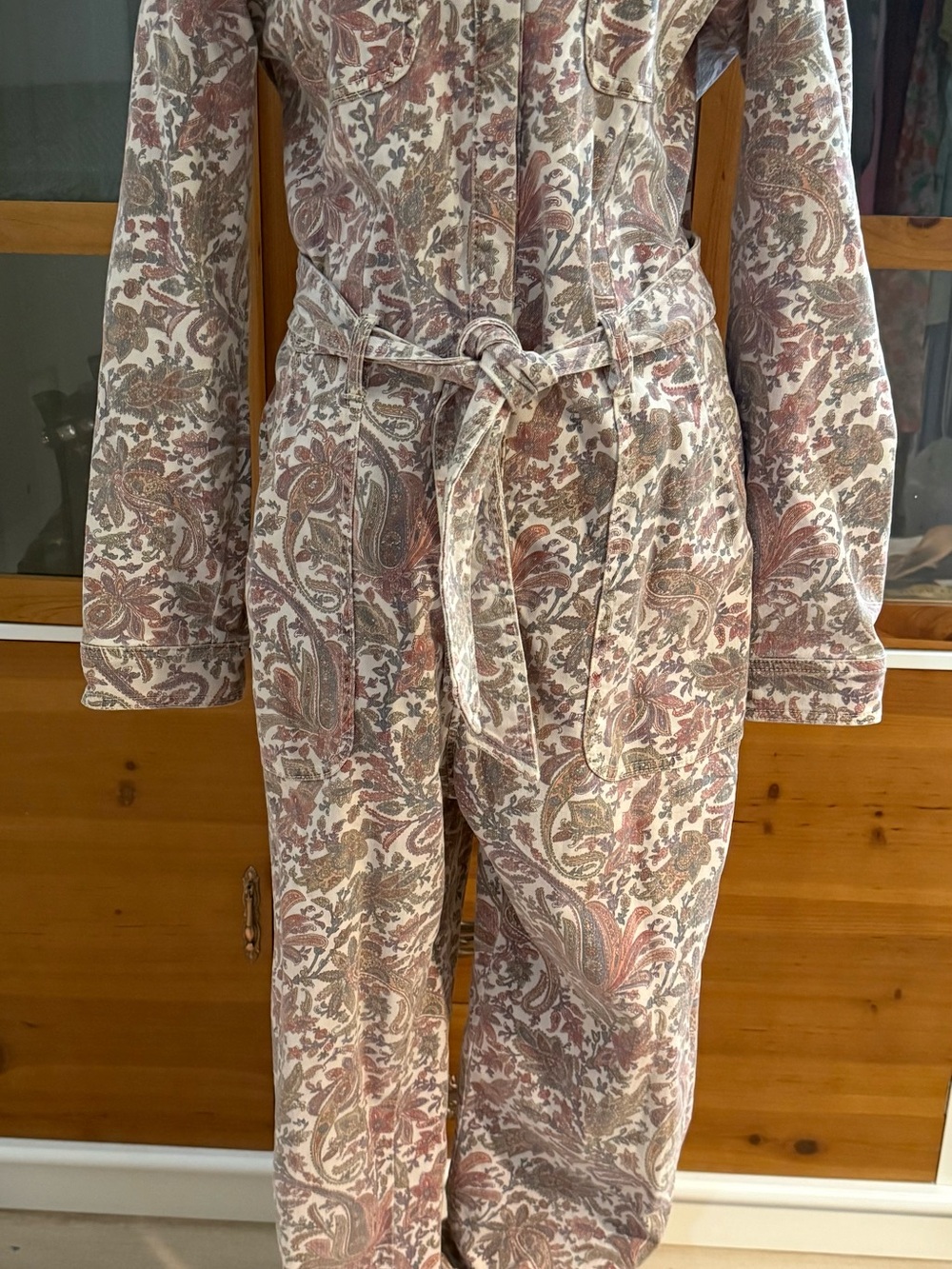 Anthropologie Paisley Tie-Waist Jumpsuit in Cream and Mauve-Taupe